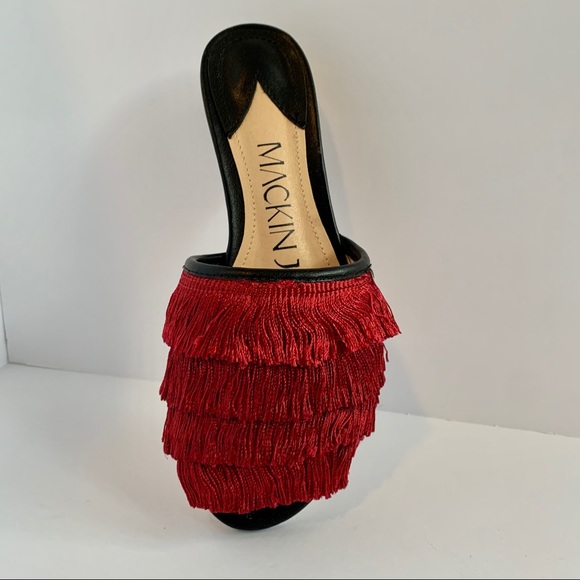 Mackin J Fringe Heeled Sandals Wine Red Burgundy - Picture 2 of 4